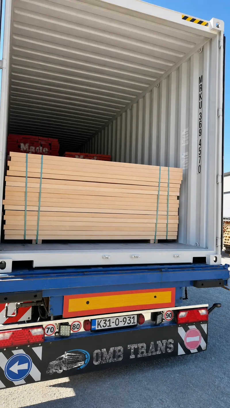 Kontejner natovaren vezanim paketima građe rezane po mjeri