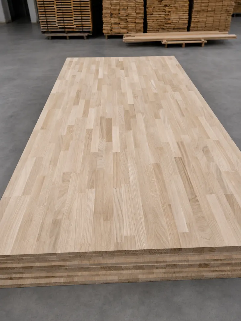 Finished oak furniture panels stacked on a clean production floor