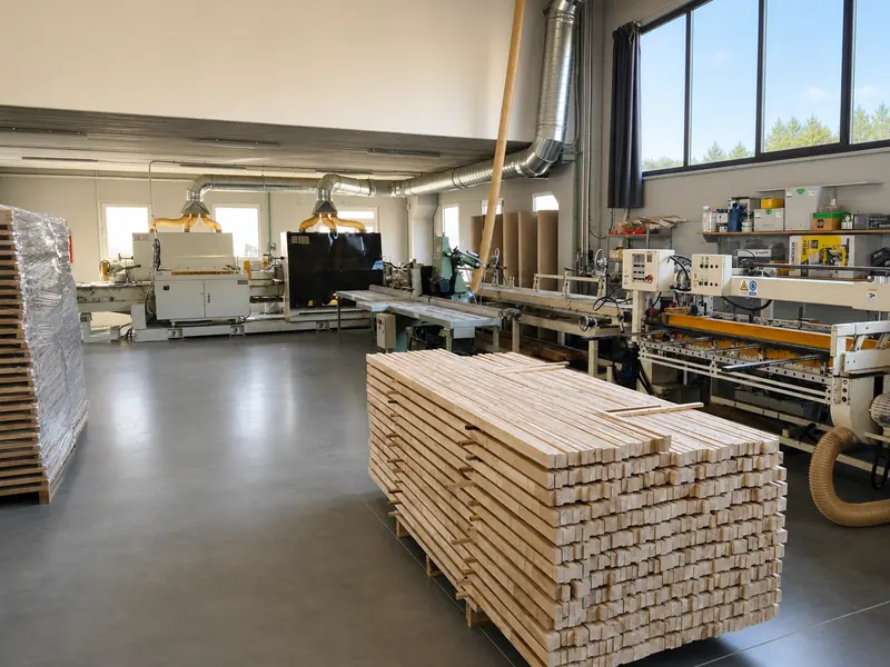Bright production floor with processed wood elements ready for the next operation