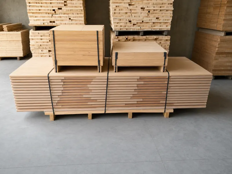 Strapped packs of finished panels stored neatly in the warehouse
