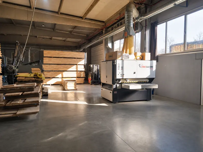 Wide-belt sanding machine in a clean timber production hall