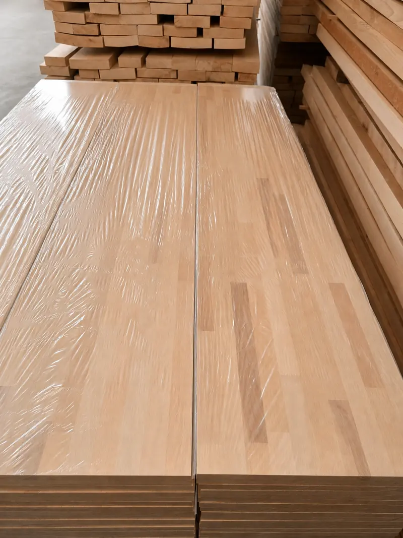 Wrapped stacks of finished beech panels ready for dispatch